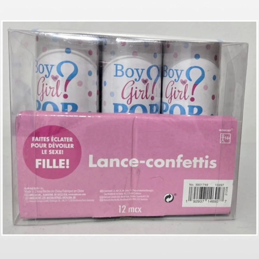 New Amscan Gender Reveal Baby Party Confetti Poppers 12 Pieces Girl Pink NWT